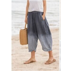 Made in Italy Linen Tie Dye Harem Pants Blue Gray Elastic Waist Oversized M/L